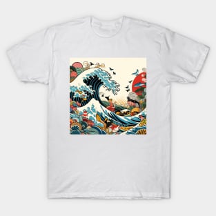 The Sea Wave and Colorfull Fish in Japanese Style T-Shirt